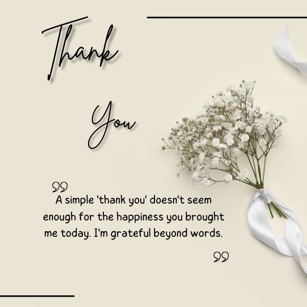 Elegant thank you card with white flowers and script font on a beige ...