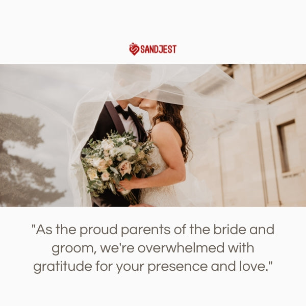 A bride and groom kiss under the veil, with a SANDJEST thank you message from the parents.