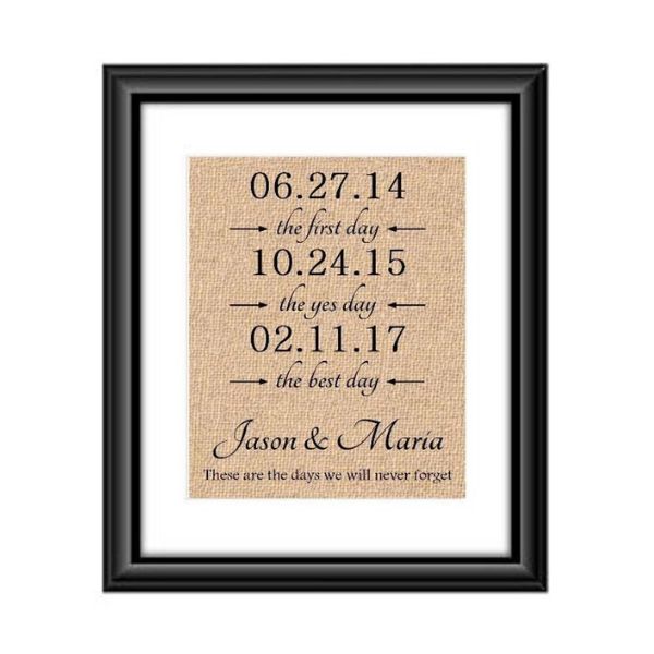 "The First Day The Yes Day The Best Day" artwork on burlap or cotton, a sentimental 3 year anniversary gift