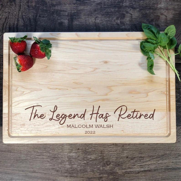 The Legend Has Retired Cutting Board, humorous and functional retirement gifts for mom.