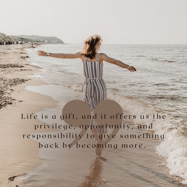 A woman with open arms by the sea, accompanied by an inspiring quote on life's gift and potential for growth.