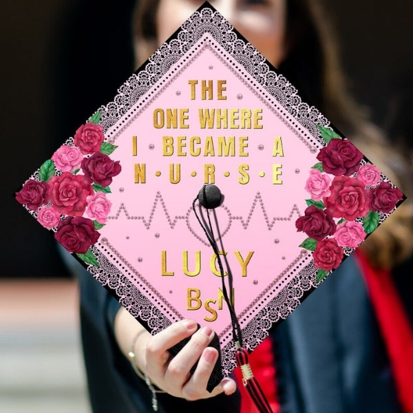 The One Where I Became A Nurse Printed Graduation Cap celebrates a nursing graduate's achievement.