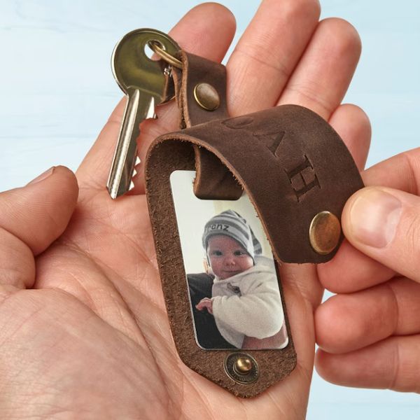 Timeless Leather Photo Keychain holds memories, a special Father's Day keepsake for family.