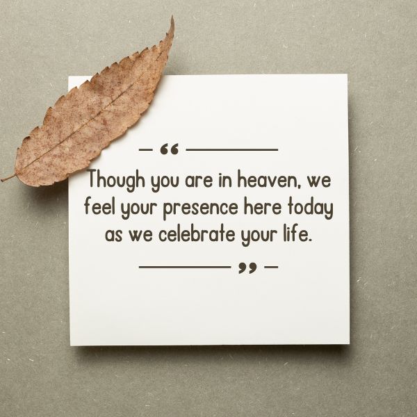 Note card with a happy heavenly birthday quote and a dried leaf.