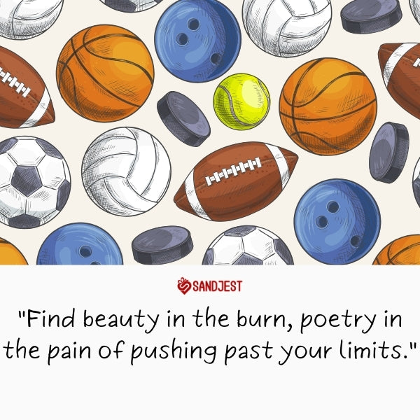 Assorted sports balls illustration with a motivational sports quote about perseverance and beauty.