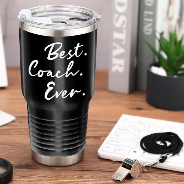 Travel Mug with Coach Whistle combines hydration with game-time essentials, a practical pick among baseball coach gifts.