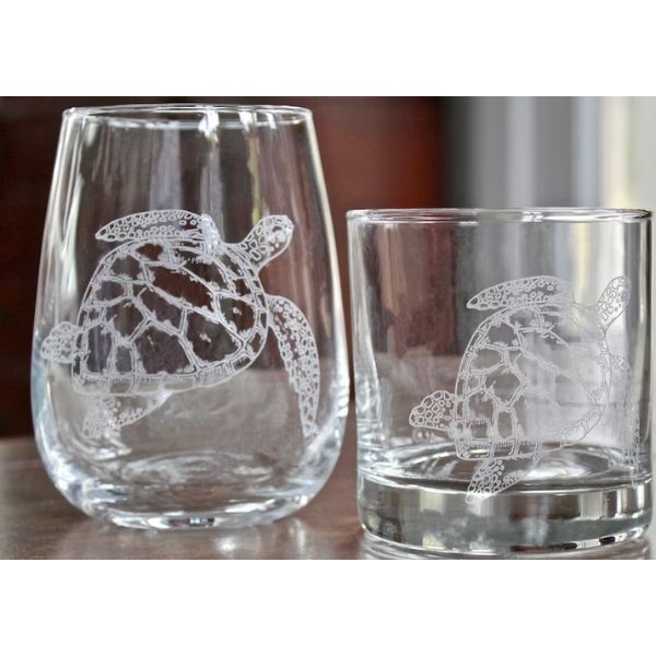 Turtle Stemless Wine Glass Set, elegantly etched, elevating the turtle gifts experience