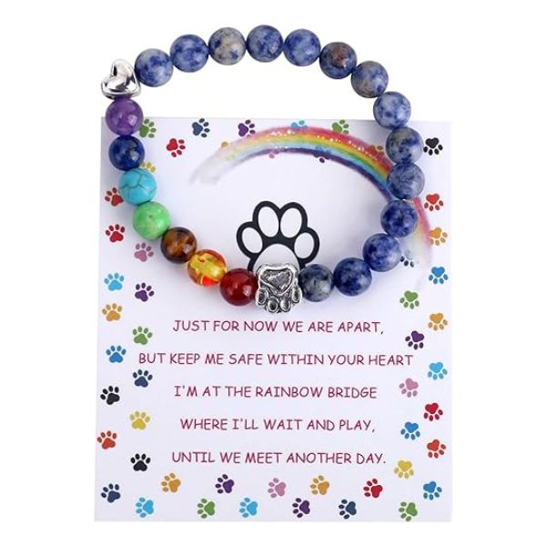 Unijew Rainbow Bridge Bracelet with colorful beads and a heartfelt poem for pet loss.