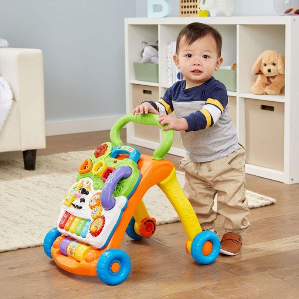 Encourage early steps with the VTech Sit-to-Stand Learning Walker, a versatile and interactive aid for your baby's first strides.