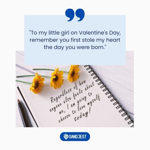 A father's Valentine's Day note to his daughter alongside a vibrant bouquet.