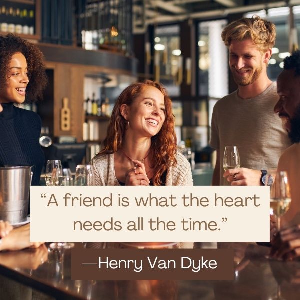 Group of friends celebrating with Valentine's Day quotes