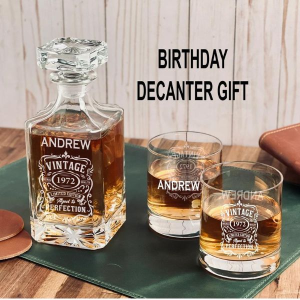 Vintage Birth Year Decanter Set personalized for celebrating milestone years with friends