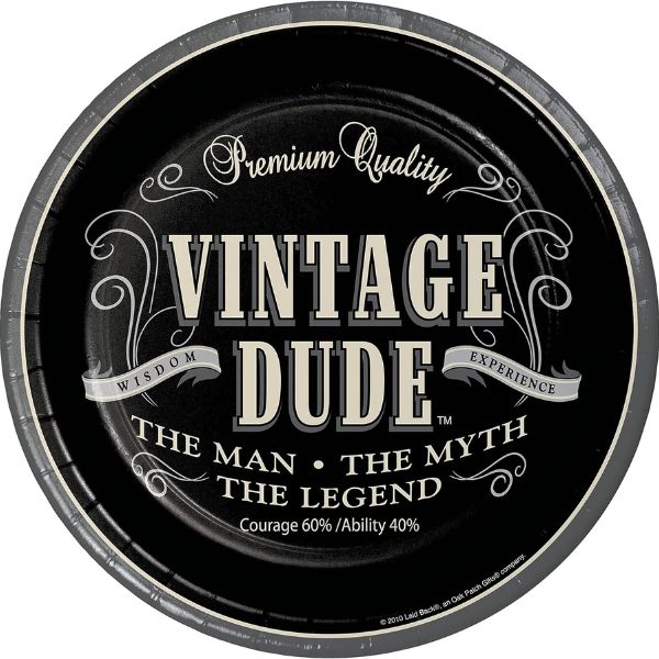 Set of 'Vintage Dude' themed dinner plates, adding a fun touch to dad's 75th birthday party.