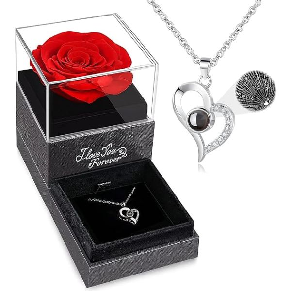 WILDLOVE Preserved Real Rose with Necklace, a timeless Valentine gift for wives, combining beauty and elegance.