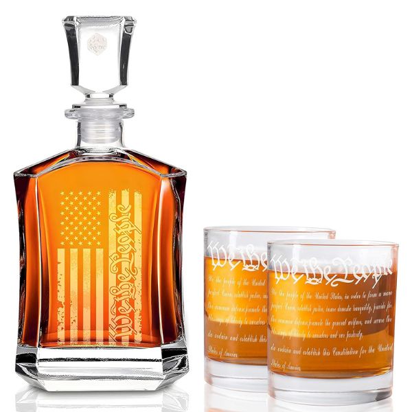 We The People American Flag Whiskey Glasses, patriotic military retirement gifts for whiskey enthusiasts.