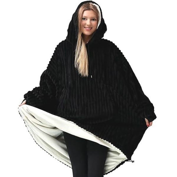 Cozy Wearable Blanket Hoodie, the perfect gift for warmth and comfort, embracing your wife in cozy style.