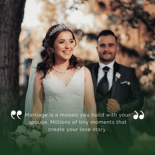 Bride walking with groom in the background accompanied by a wedding quote about marriage being a mosaic of moments.