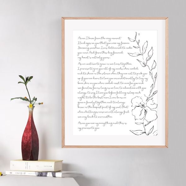 Wedding Song Vows Calligraphy Handmade Cotton Calligraphy Print, a romantic 2 year anniversary gift.