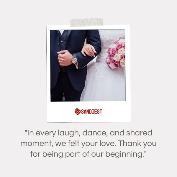 Bride and groom sharing a moment, encapsulated in a Sandjest thank you message.