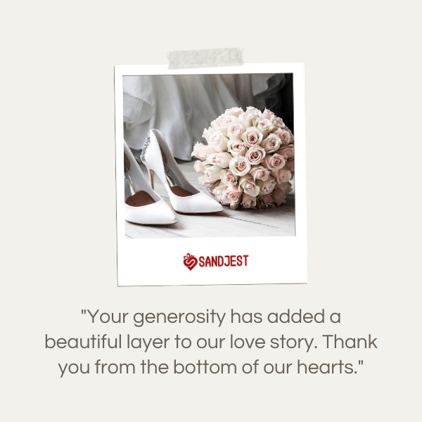 Sandjest thank you card placed with wedding attire, symbolizing appreciation for financial support.