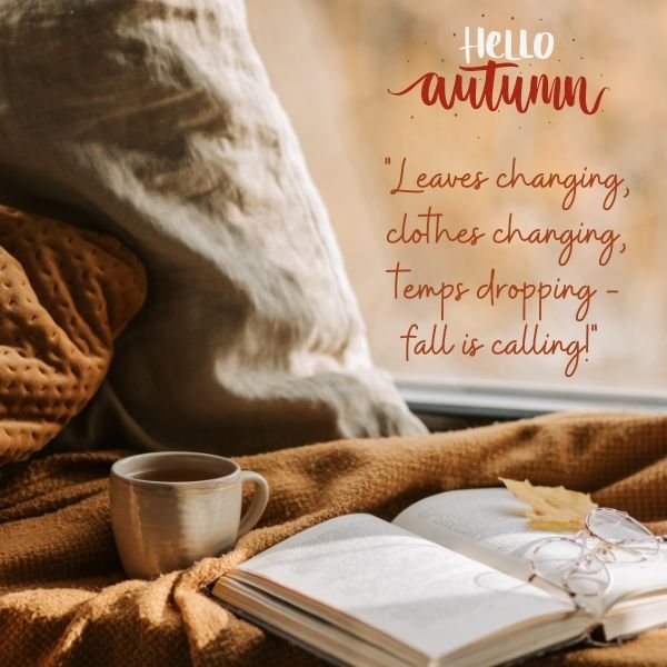 Cozy autumn corner with a book and coffee, capturing the essence of welcome fall quotes and the warmth of the season.