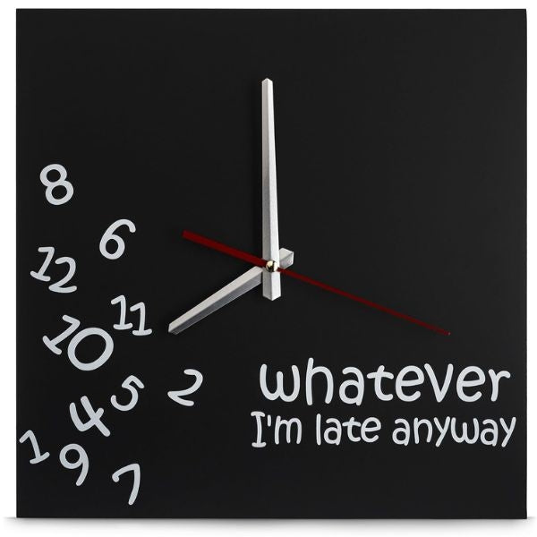 Relatable 'Whatever, I'm Late Anyway' wall clock, a top pick for funniest Mother's Day gifts.
