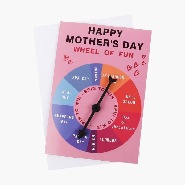 A mother's day card with a colorful wheel of fun activities.