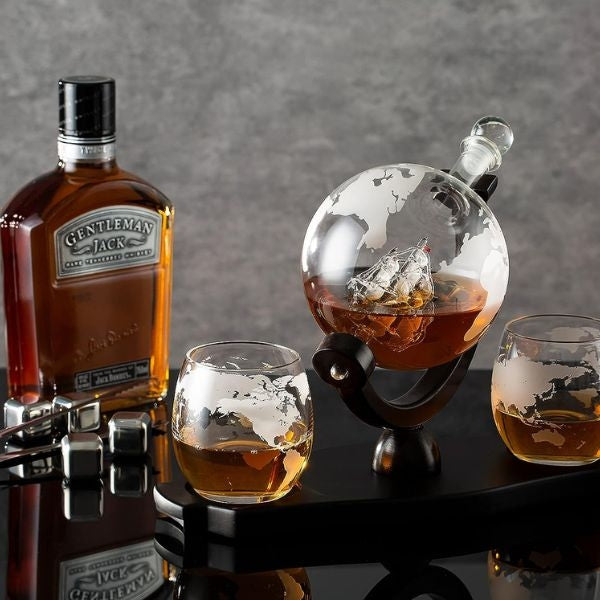 Whiskey globe decanter set, sophisticated New Year's Eve hostess gift.