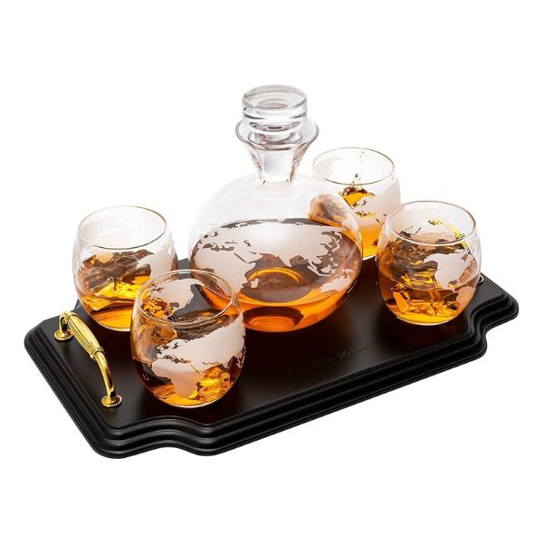 An exquisite Whiskey Decanter Set with a World Map design gift for dad