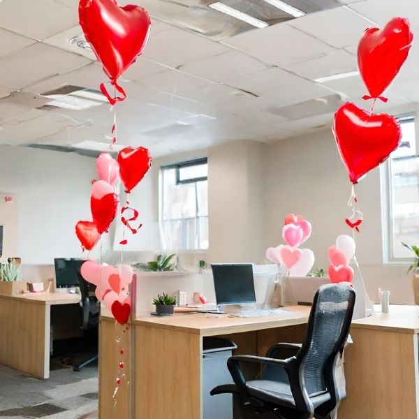 Office decorated with heart-shaped balloons and motivational Valentine's Day quotes for a festive work environment