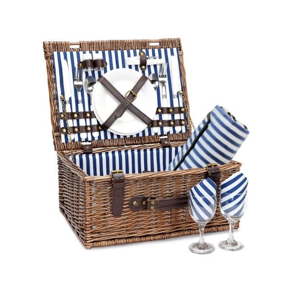 Classic wicker picnic basket, ideal for romantic beach picnics.