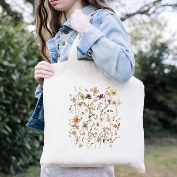 Wildflower Floral Botanical Tote Bag, a stylish and practical 2 year anniversary gift for her.