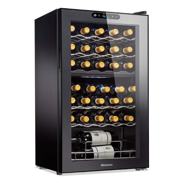 Wine Enthusiast 32-Bottle Cooler ensures optimal conditions for diverse wine collections.
