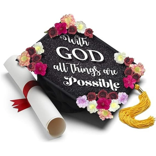 With God, All Things Are Possible Graduation Cap features a faith-inspired design