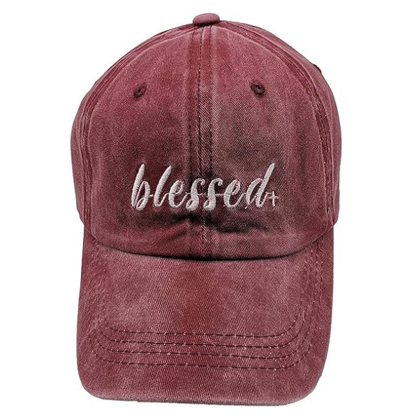 A women's embroidered "Blessed" hat to showcase her gratitude and Christian values