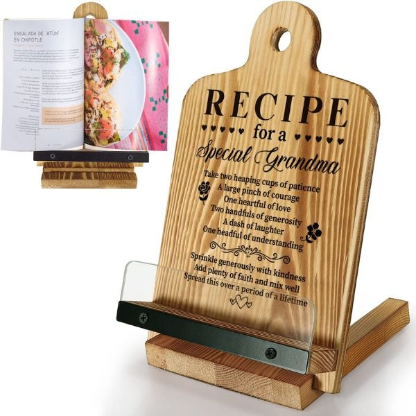 A handcrafted Wood Cookbook Stand for Grandparents, a practical and elegant choice for Christmas gifts for grandparents.