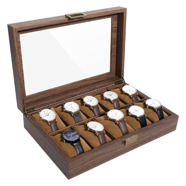 Wood Grain PU Leather Watch Display Storage Box, showcasing sophistication for architects' timepieces.