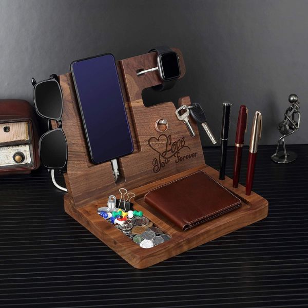 Convenient wood phone docking station, personalized for organization