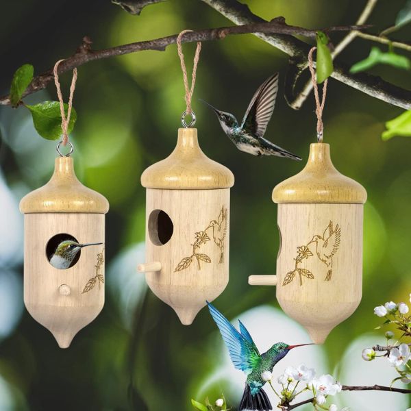 Wooden Hummingbird Houses for Outside for Nesting offer shelter and nesting space.
