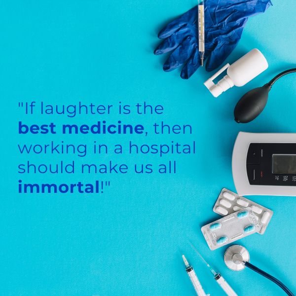 Medical tools and a nurse's uniform accompanied by a humorous workplace quote.