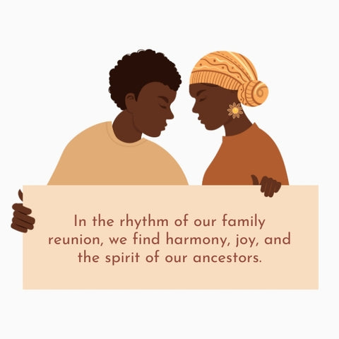 An illustration of an African American couple holding a sign with family reunion quotes.