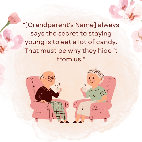 Animated grandparent duo enjoying tea, with a funny grandparent quotes bubble.