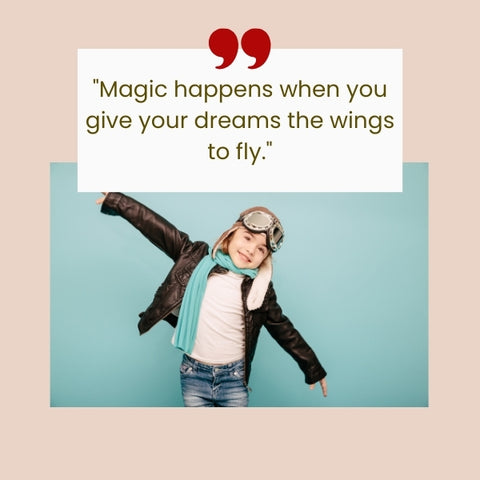 A joyful child pretending to fly with inspirational text uplifting the scene with cute inspirational quotes for kids.