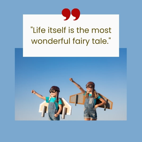 Two kids with cardboard wings against a blue sky embody daily inspirational quotes for kids that life is an adventure.