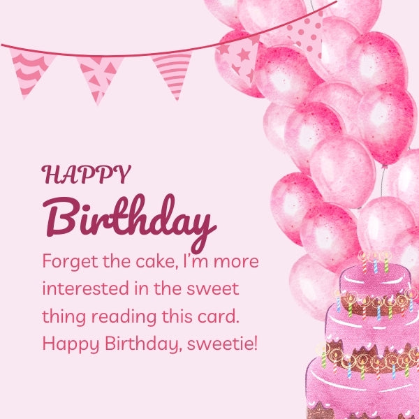 A pink-themed birthday card expressing a funny birthday wish for wife.