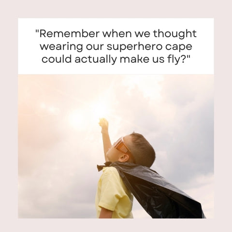 Kid with cape embodies the humor in funny childhood quotes.