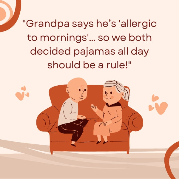 Elderly cartoon couple in pajamas having a relaxed conversation, with funny grandparent quotes.