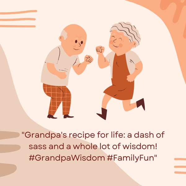 Cartoon illustration of a grandfather and grandmother racing, paired with witty funny grandparent quotes.