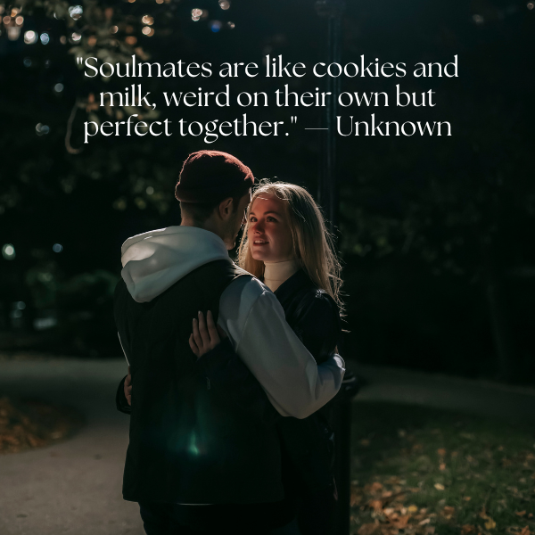 A light-hearted image with a humorous quote about the playful side of being soulmates.