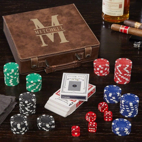 Personalized brown leather poker set, a sophisticated game-night essential for men's 40th birthday celebrations.